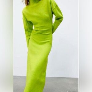 Zara Lime, neon green long sleeves body-con winter maxi Dress wool blend. Small